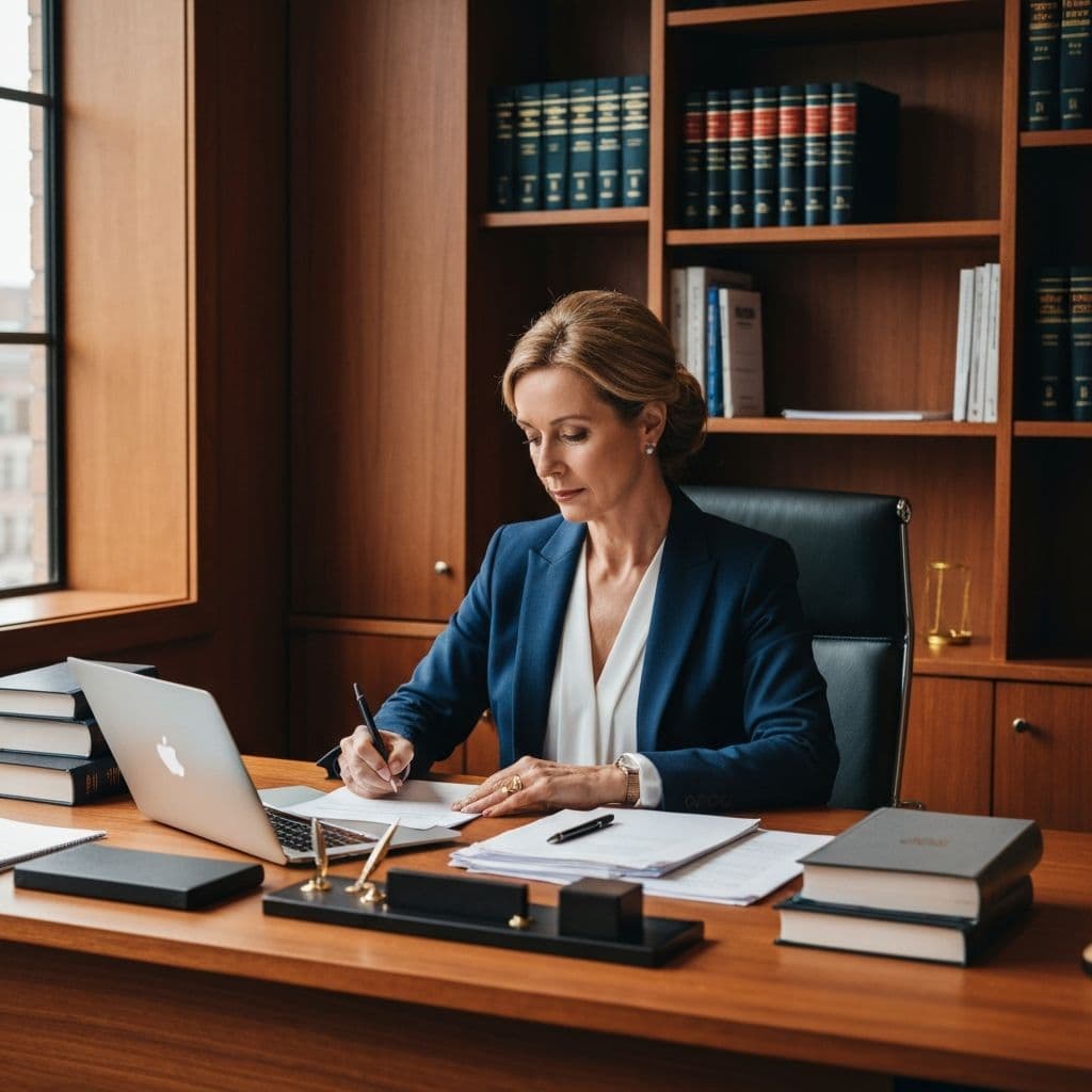 An attorney working at a professional office desk