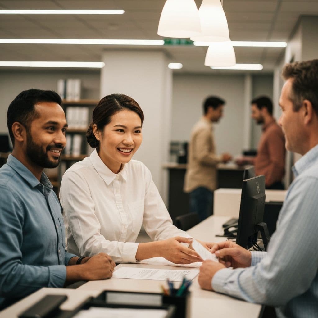 A government office worker helping a citizen at a service counter
